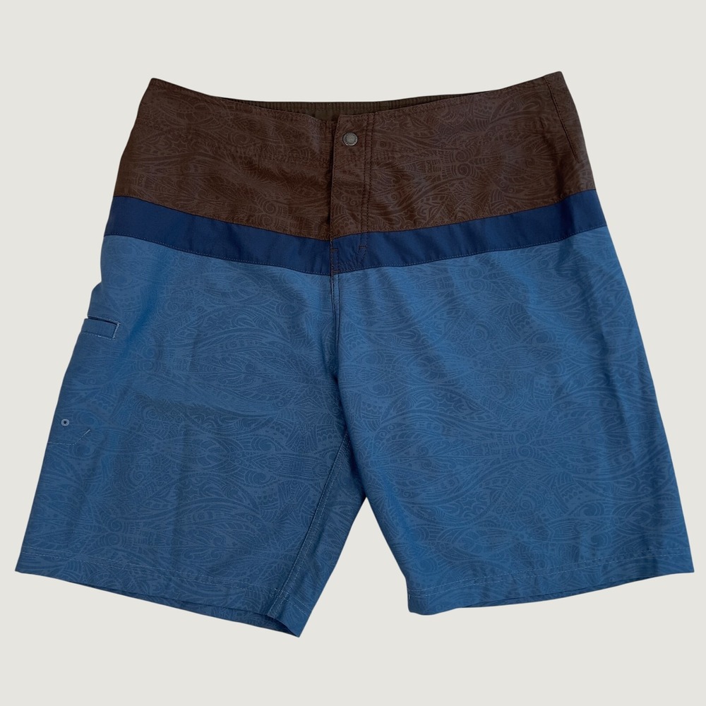 Prana Men's Board Shorts Size 34 Blue Brown Patterned Swim Trunks
